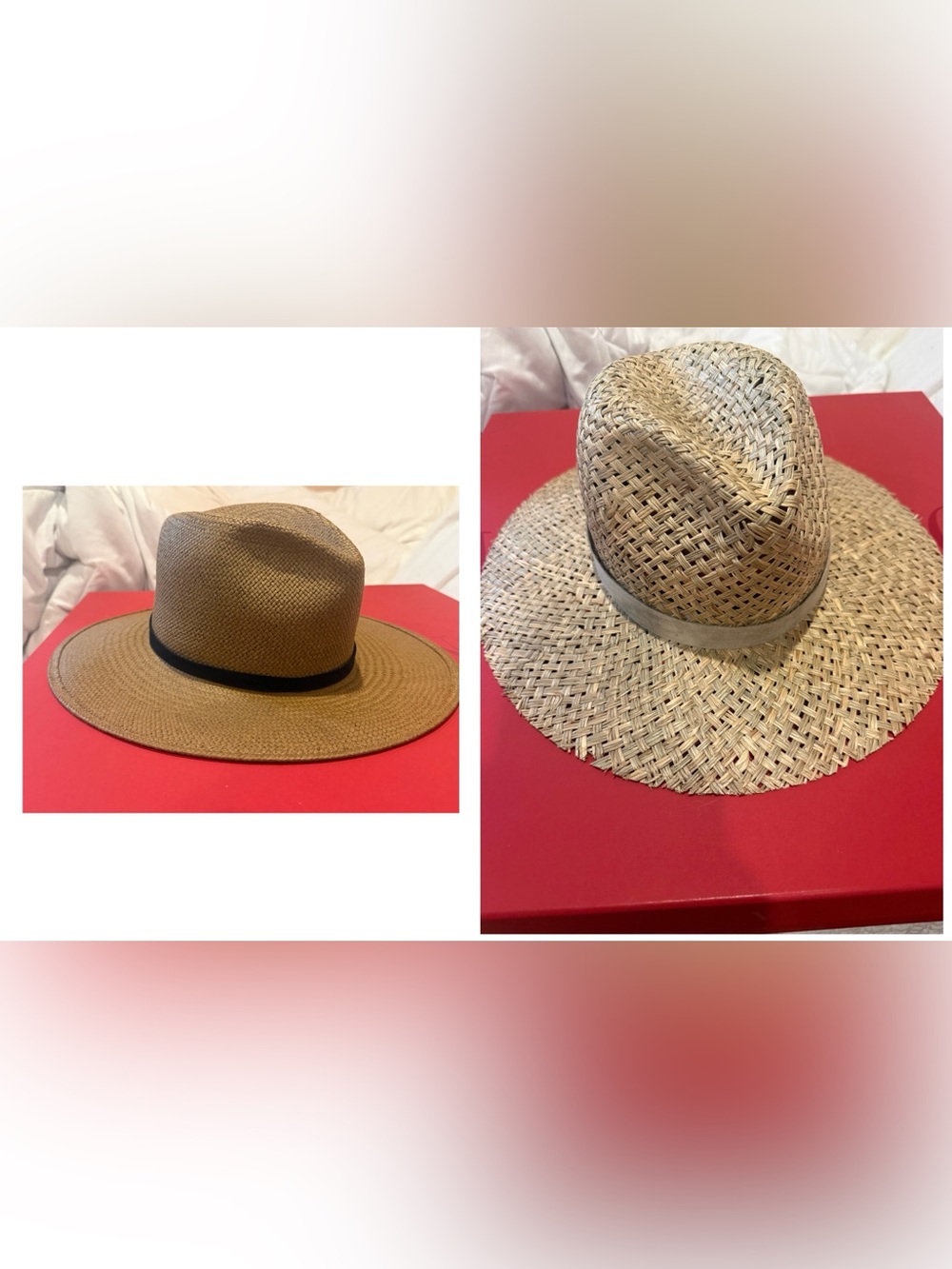 Janessa Leone Brown Straw Fedora Black Band AND Tan Fedora Woven straw hats M
